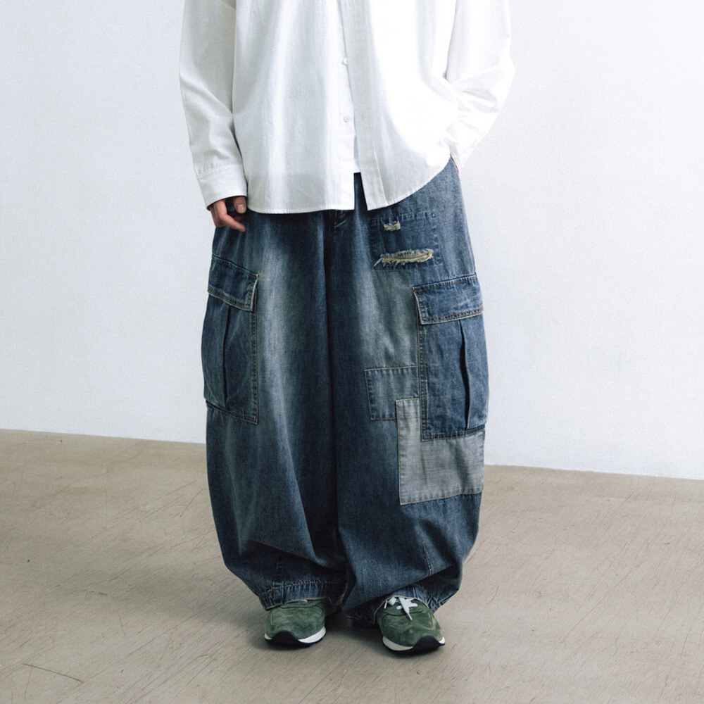 丹寧氣球長褲 Distressed Cargo Denim Balloon Pants