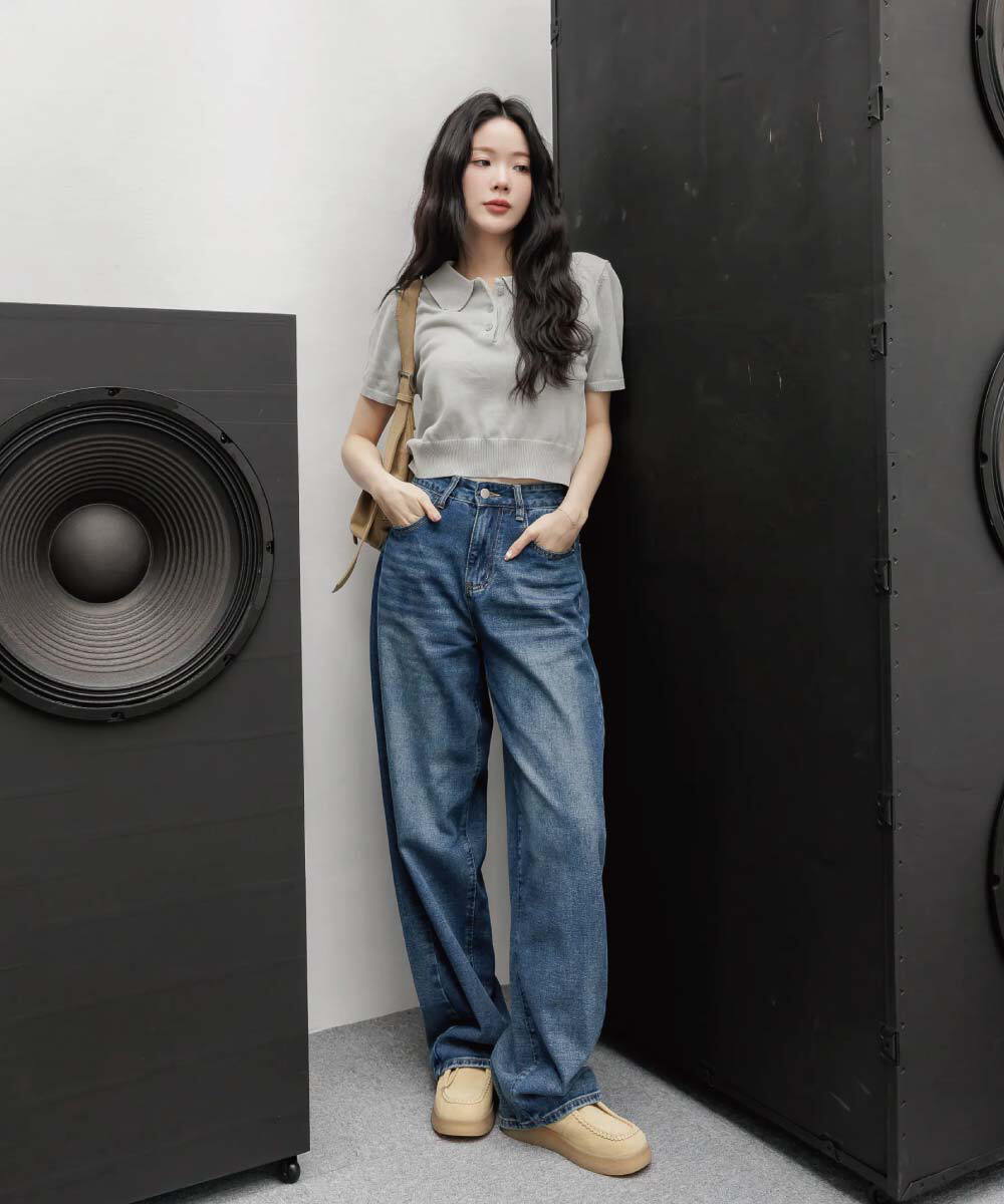 by Bello-復古淺藍高腰牛仔不洗褲