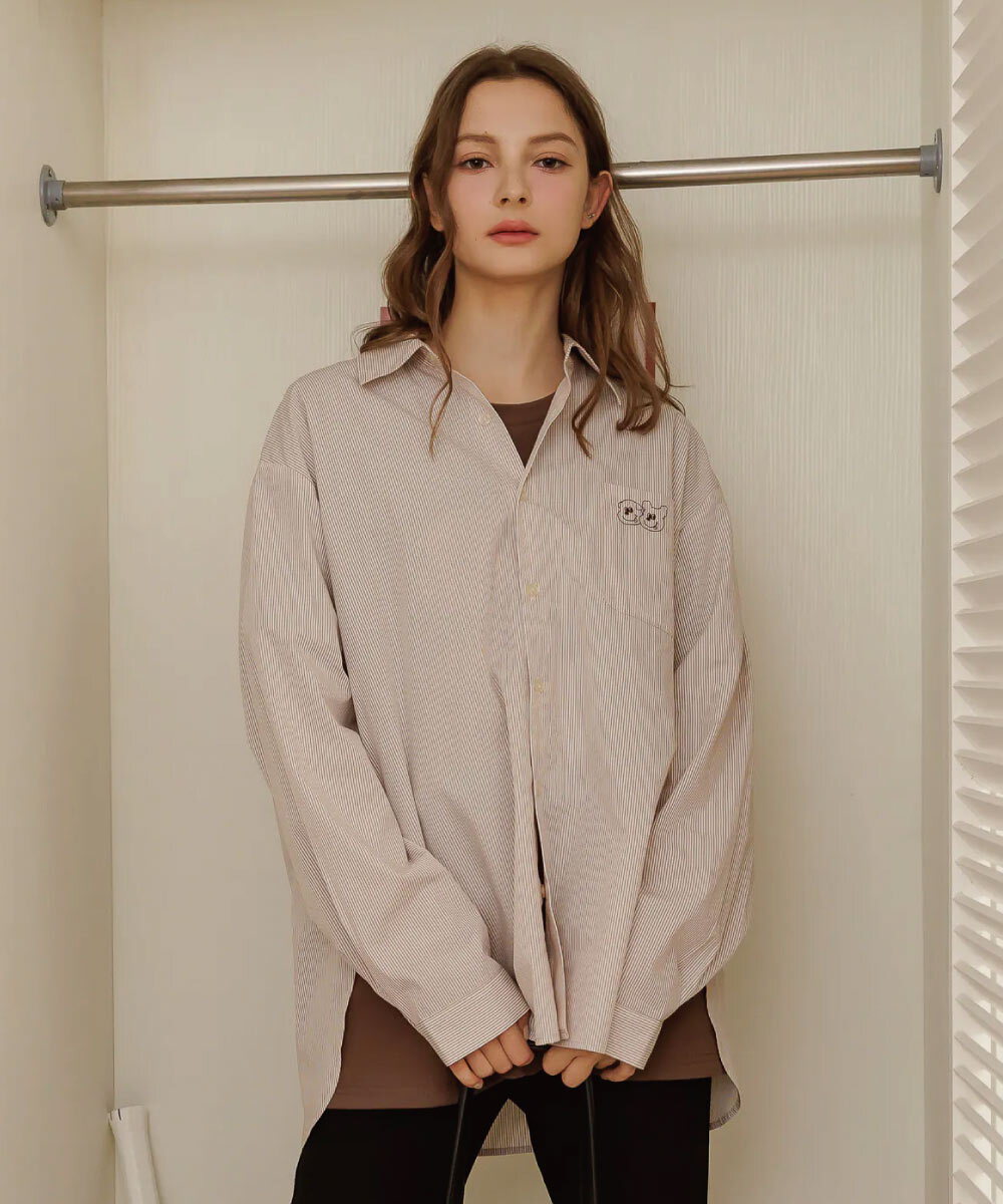 Bellox1107-小刺繡開衩直紋襯衫