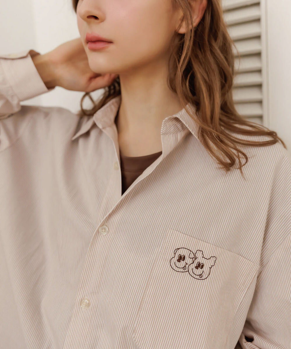 Bellox1107-小刺繡開衩直紋襯衫