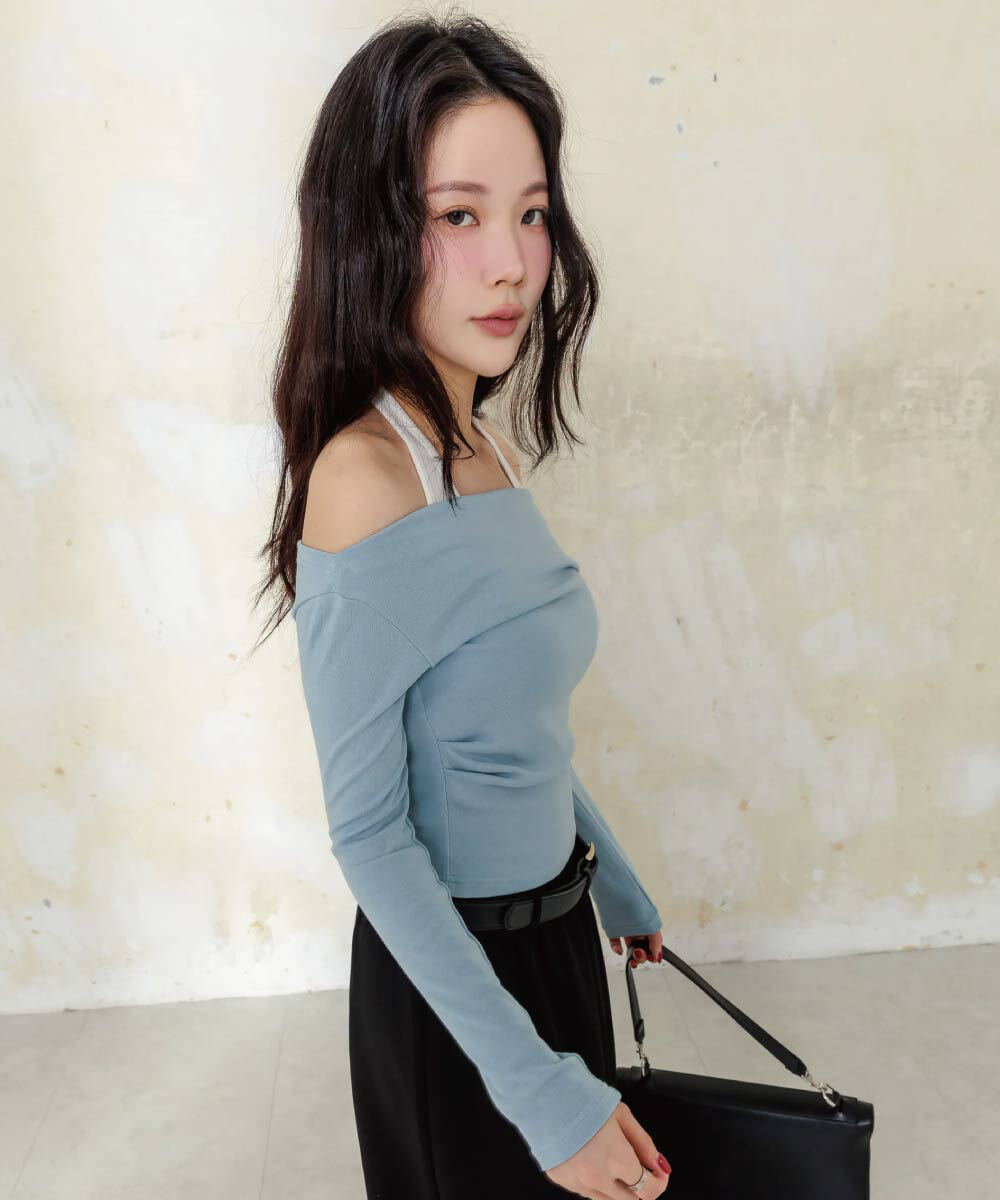 by Bello-繞脖假兩件長袖BRATOP