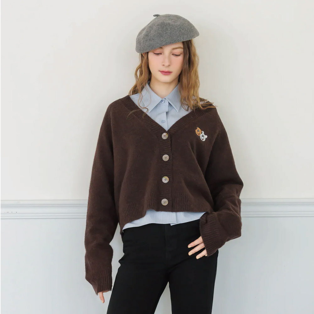 刺繡V領短版針織外套