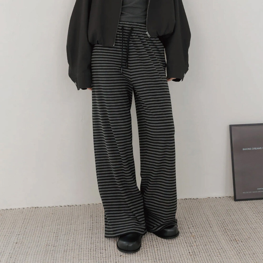 OREO條紋抽繩寬棉褲