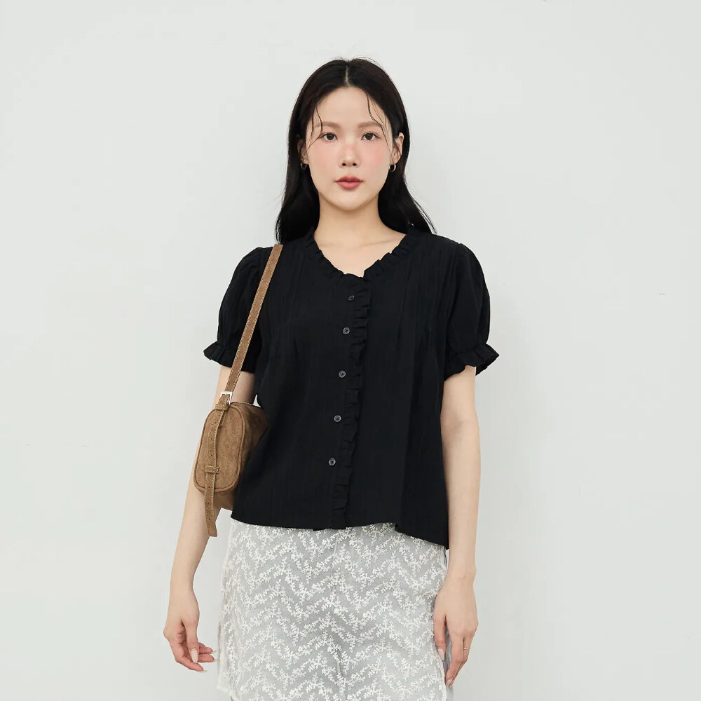 by Bello-花邊澎袖直紋襯衫