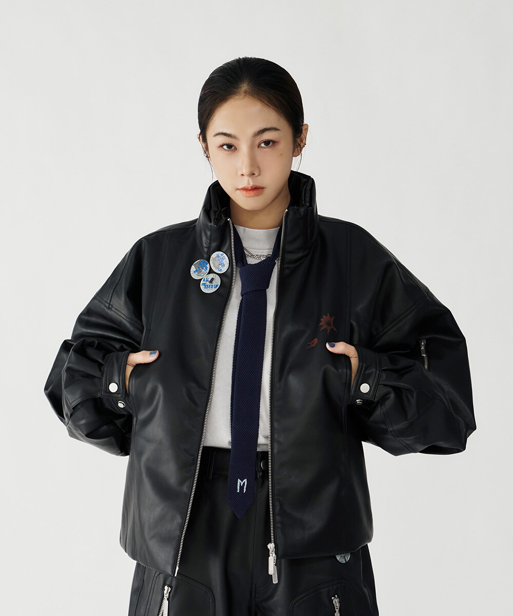 melsign聯名皮感立領鋪棉外套