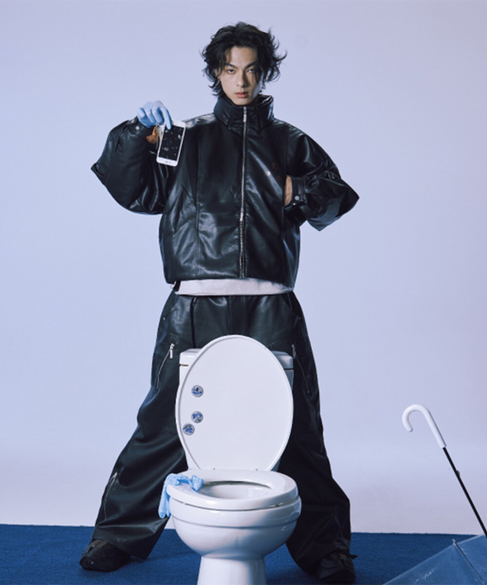 melsign聯名皮感立領鋪棉外套