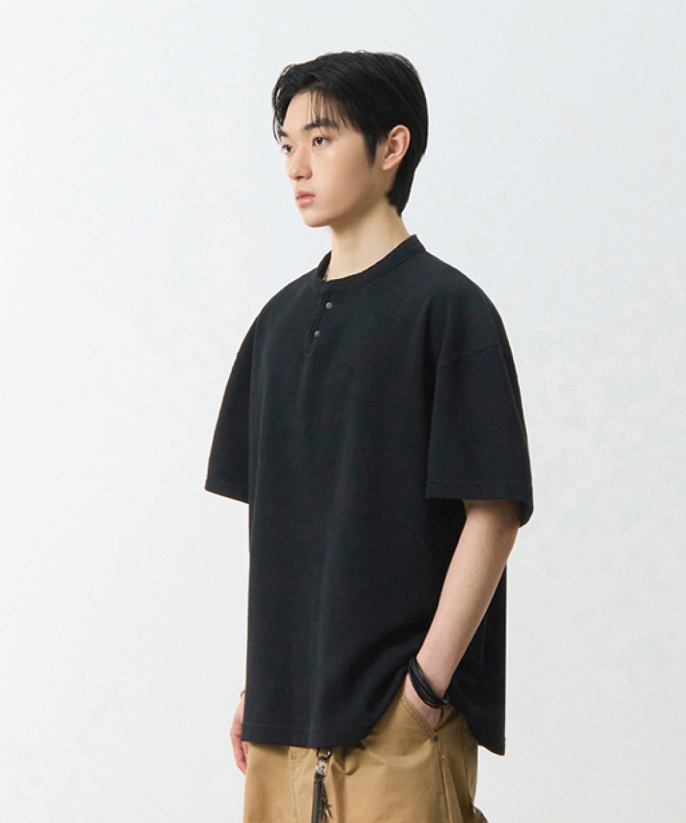 華夫格亨利領上衣 WAFFLE HENLEY NECK HALF T-SHIRT
