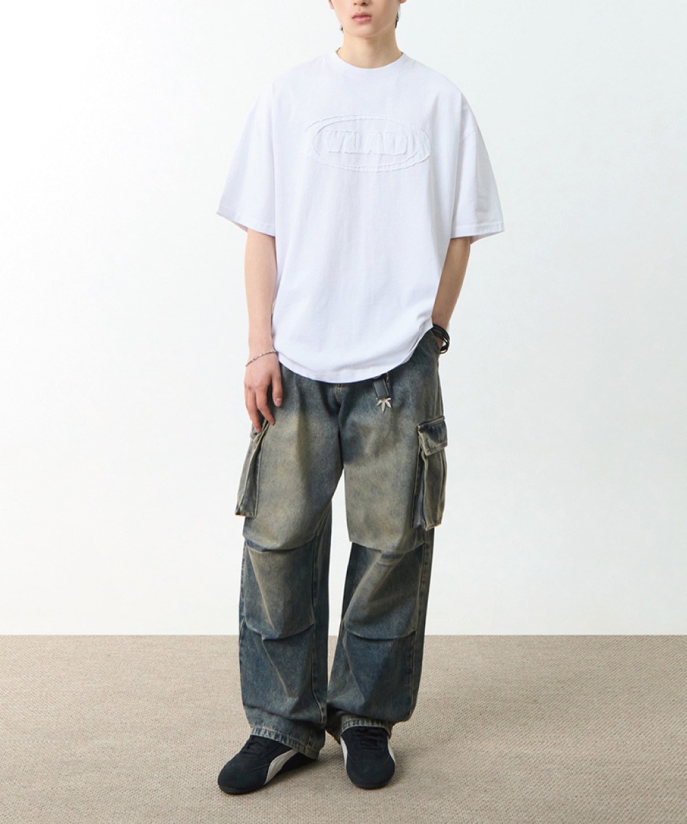 水洗短袖T恤 CUT-OFF APPLIQUE HALF T-SHIRT