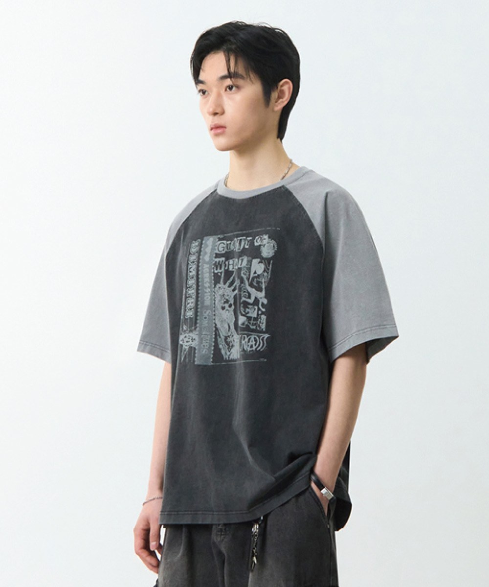 印花上衣 RAGLAN COLOR BLOCK PIGMENT ARTWORK SHORT SLEEVE T-SHIRT
