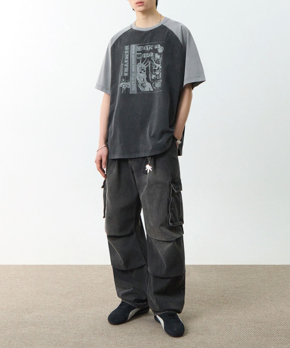 印花上衣 RAGLAN COLOR BLOCK PIGMENT ARTWORK SHORT SLEEVE T-SHIRT