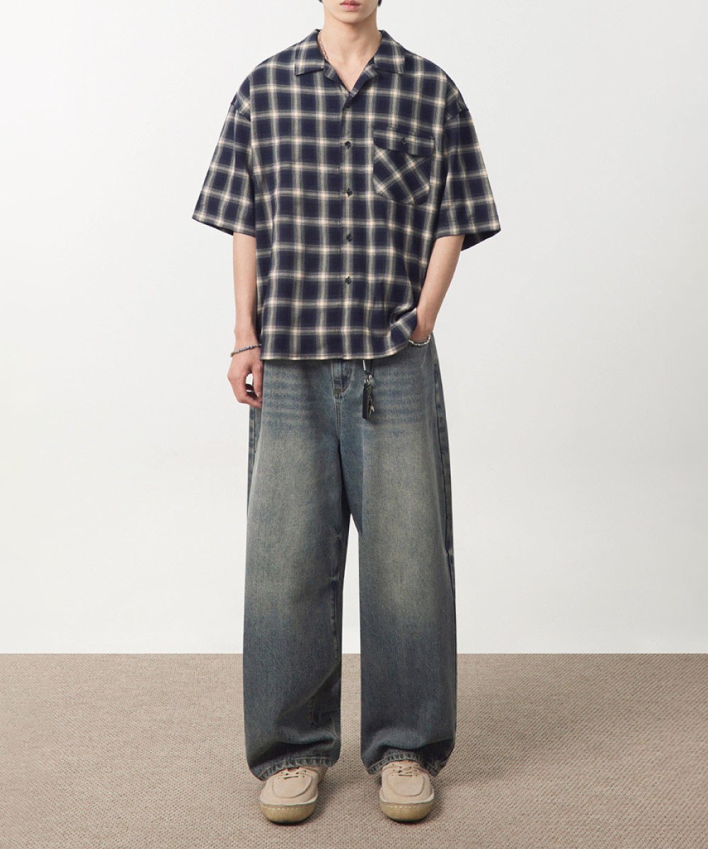 格紋開襟襯衫 OPEN COLLAR OMBRE HALF SHIRT