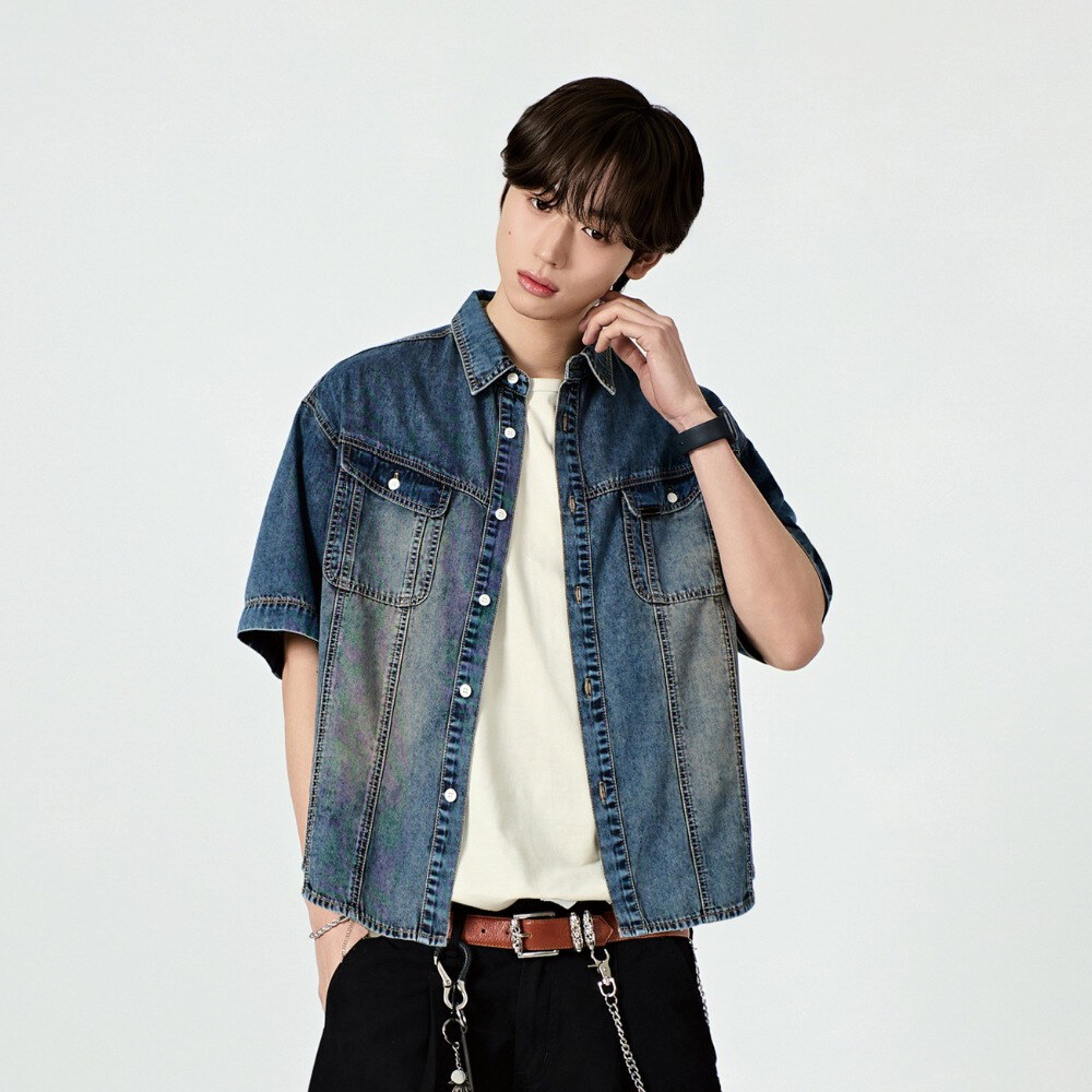 丹寧短袖襯衫 FADED WASHING DENIM TRUCKER HALF SHIRT