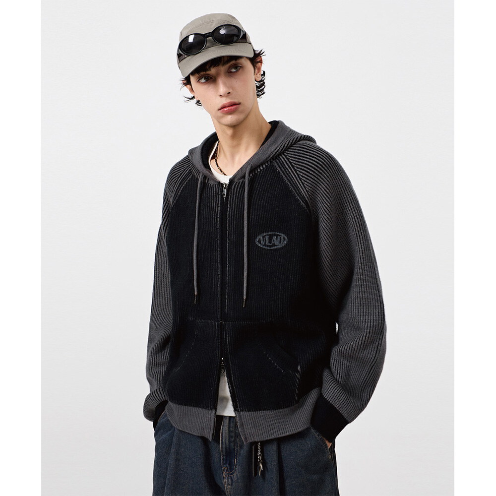 針織連帽外套 VLAD RIBBED TWO-TONE KNIT HOODED ZIP-UP