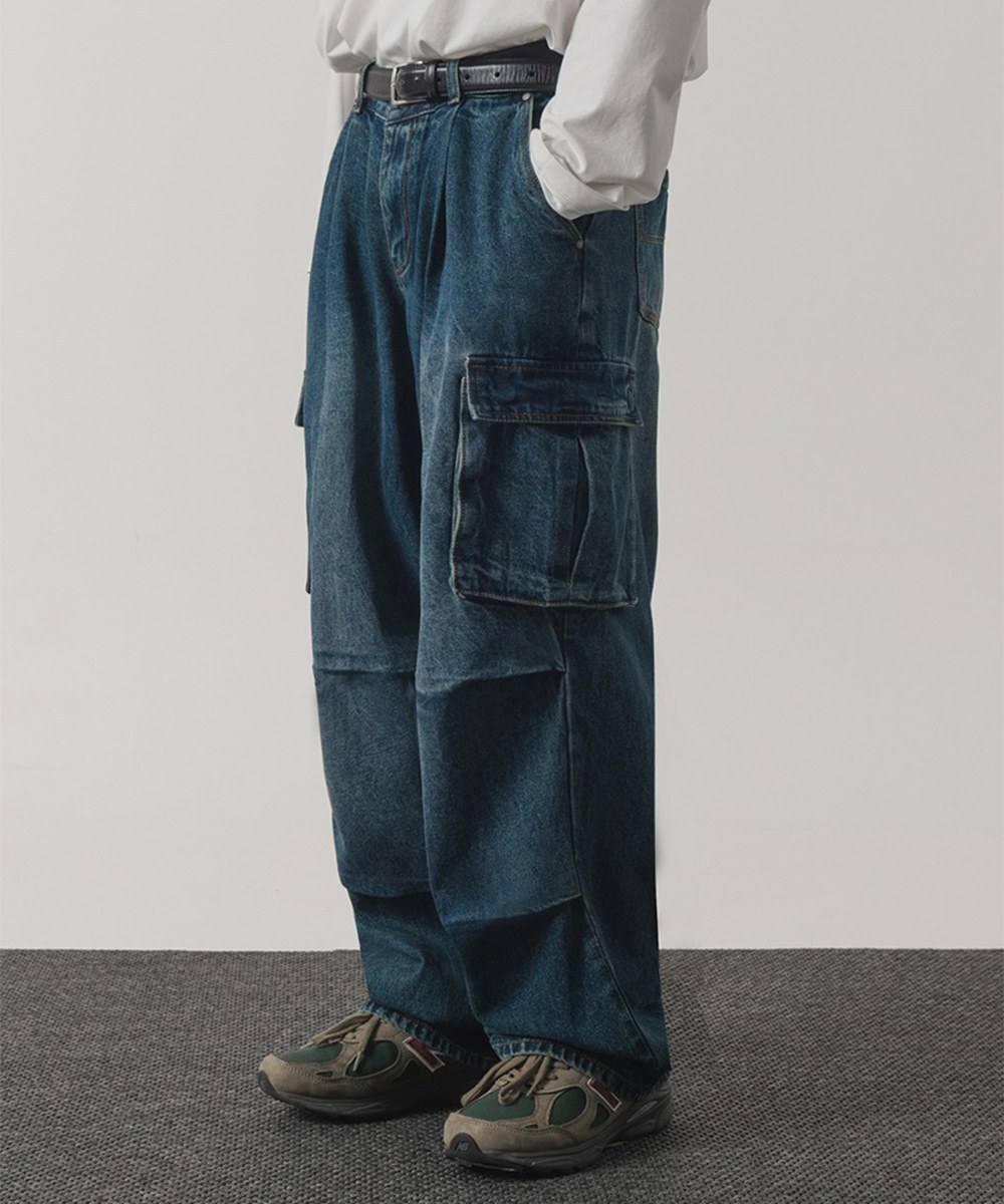 降落傘牛仔長褲 ONE-TUCK PARASUIT CARGO DENIM PANTS