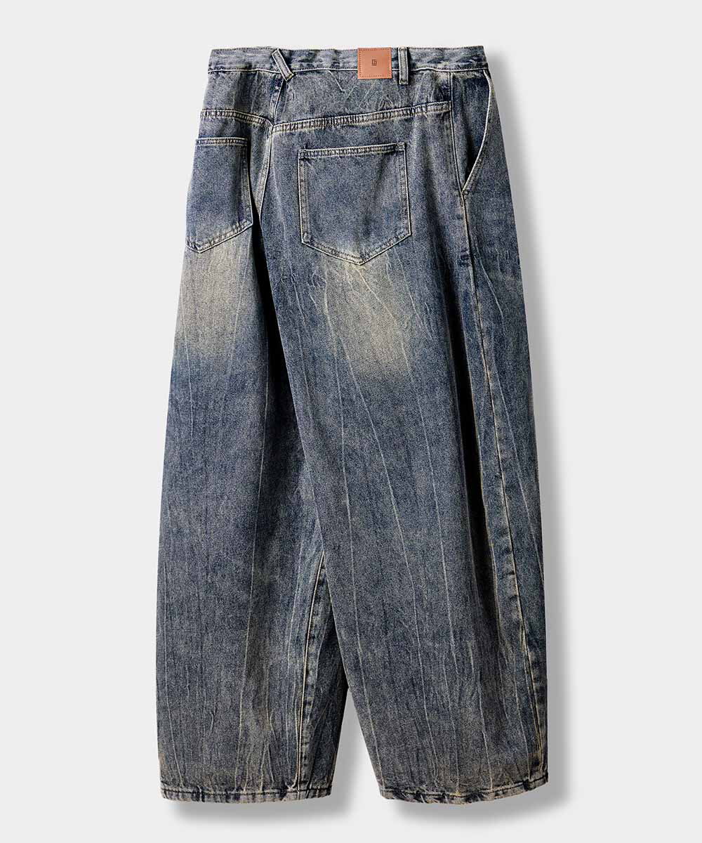 弧形水洗牛仔褲 ONE TUCK CURVED CREASE WASHING WIDE DENIM PANTS