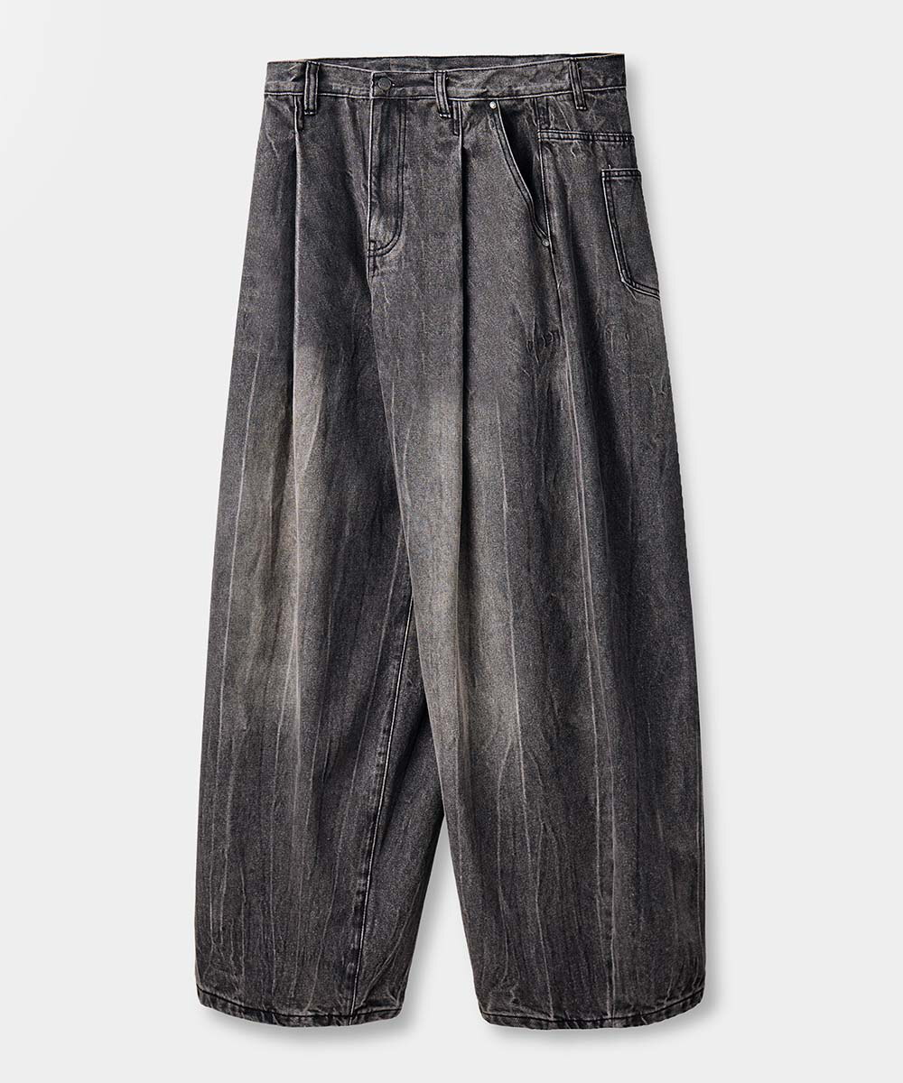 弧形水洗牛仔褲 ONE TUCK CURVED CREASE WASHING WIDE DENIM PANTS