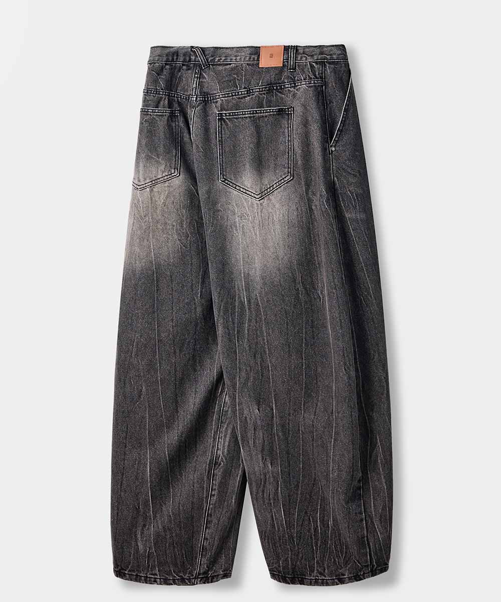 弧形水洗牛仔褲 ONE TUCK CURVED CREASE WASHING WIDE DENIM PANTS