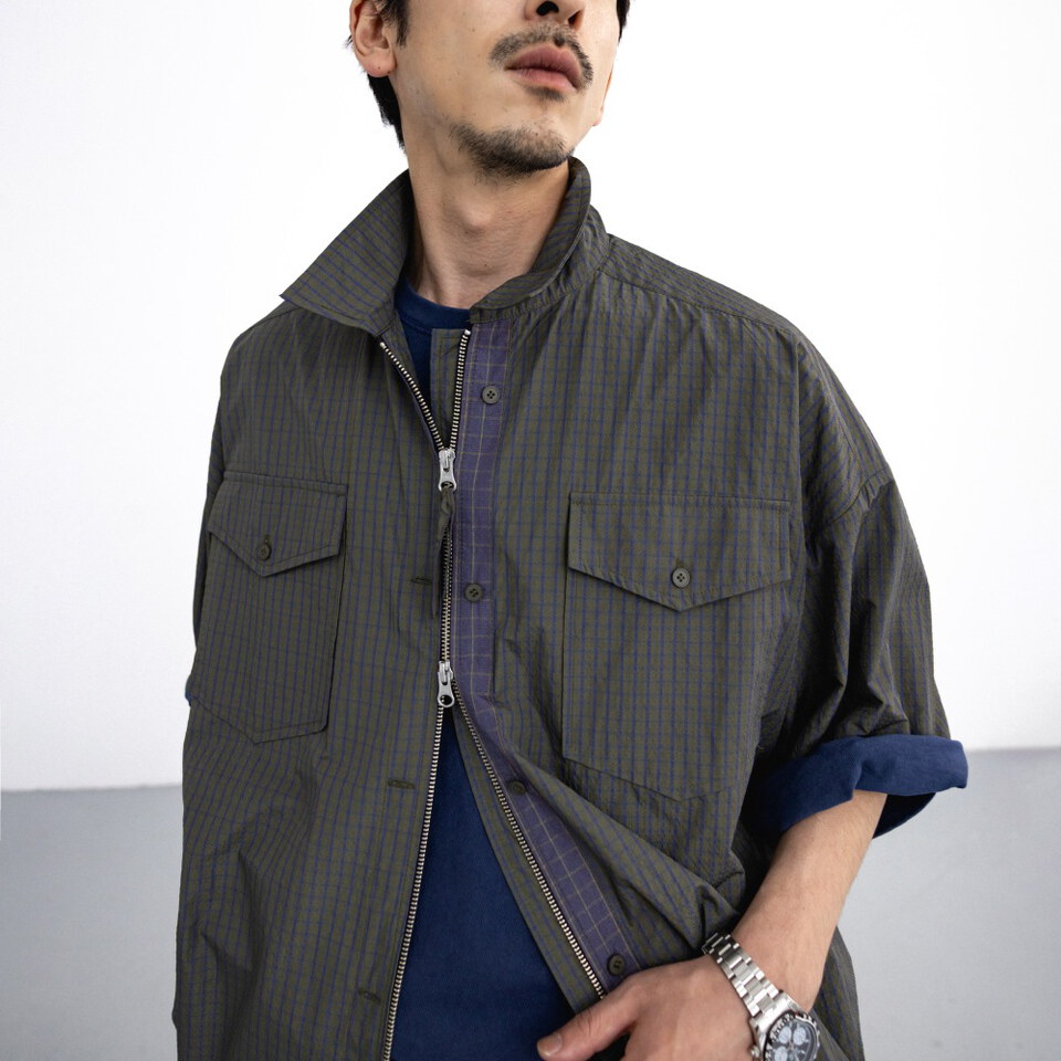 格紋拉鍊襯衫 Check Zip-Up Half Shirt