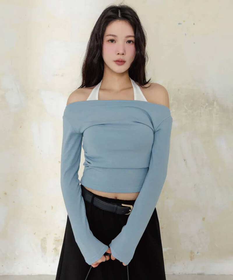 by Bello-繞脖假兩件長袖BRATOP