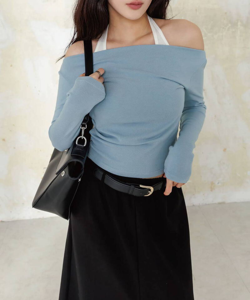 by Bello-繞脖假兩件長袖BRATOP