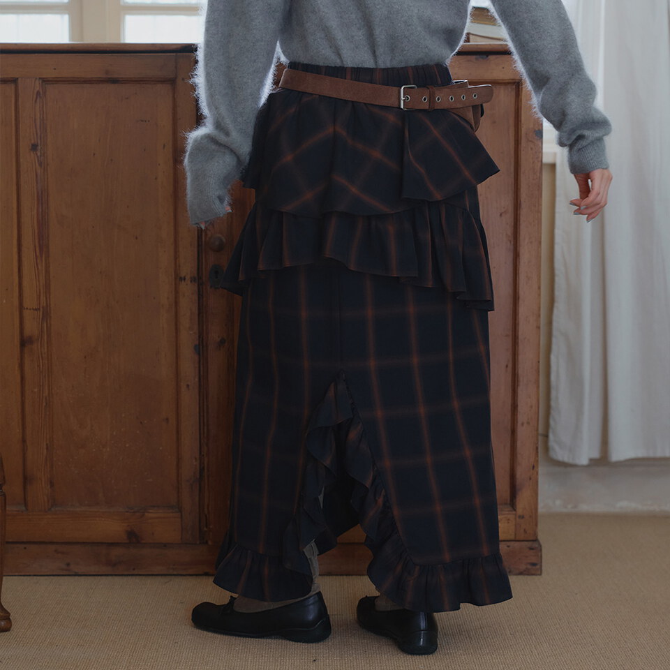 午夜格紋花邊長裙