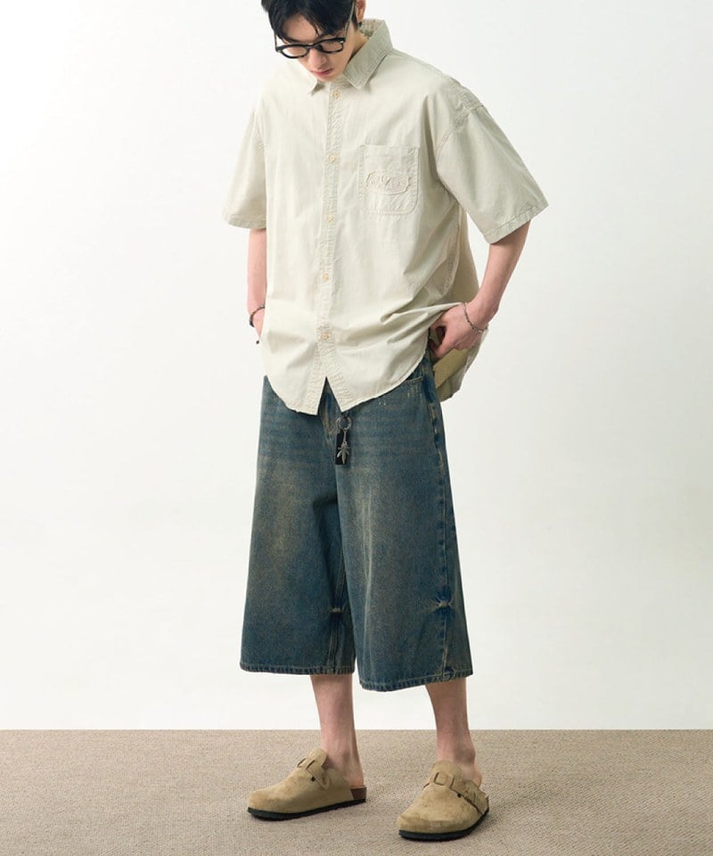水洗貼花襯衫 CUT-OFF APPLIQUE FADE WASHING HALF SHIRT