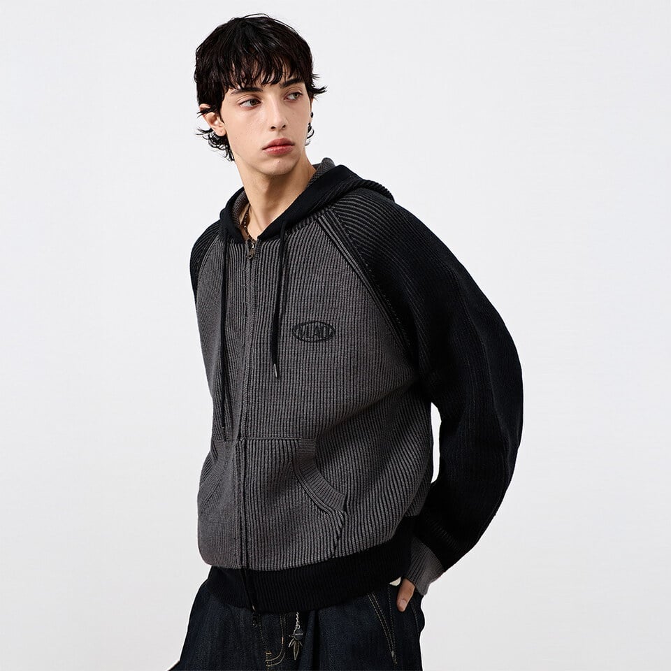 針織連帽外套 VLAD RIBBED TWO-TONE KNIT HOODED ZIP-UP