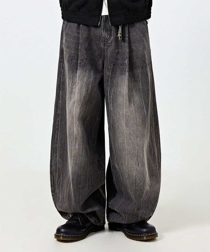 DMB1415-252 弧形水洗牛仔褲 ONE TUCK CURVED CREASE WASHING WIDE DENIM PANTS