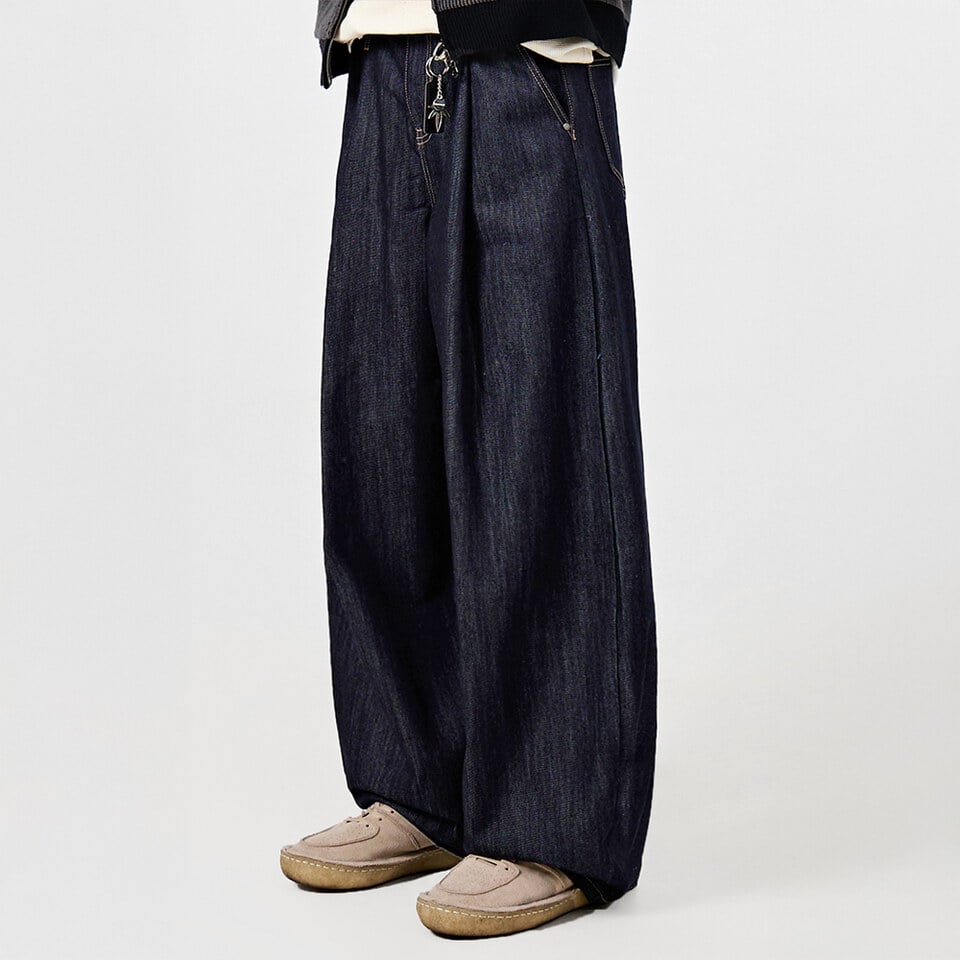 水洗牛仔褲 ONE TUCK CURVED CREASE WASHED WIDE DENIM PANTS SLUB