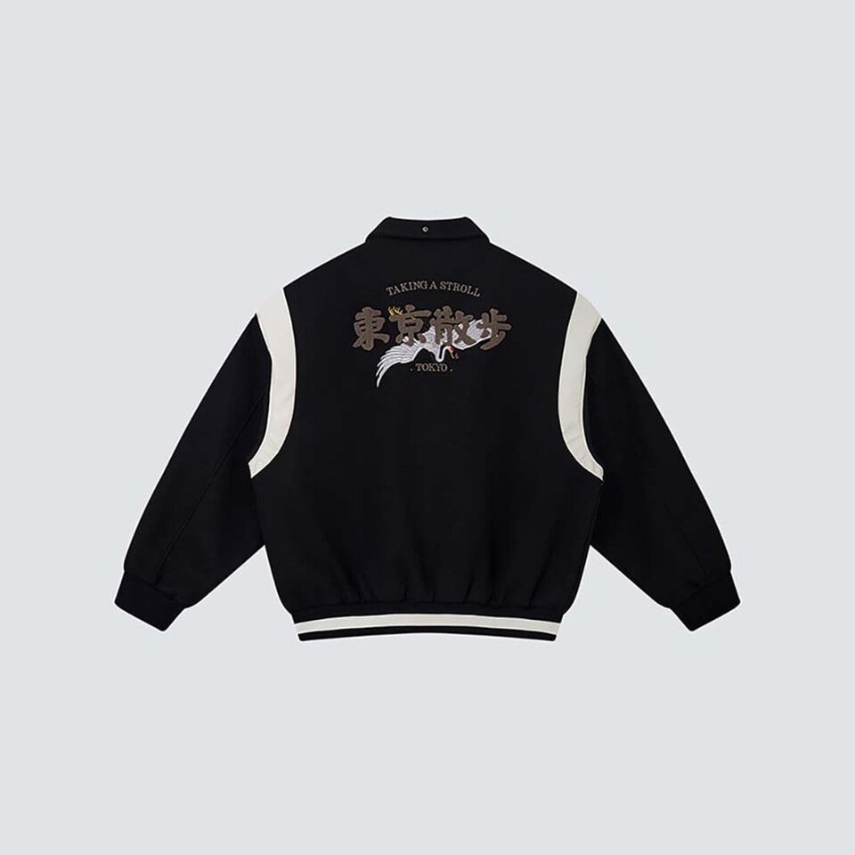 東京散步白鶴皮拼袖棒球外套