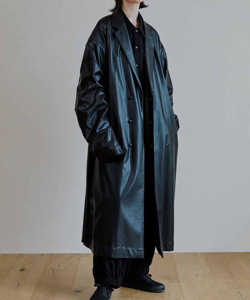 長版仿皮感大衣 unisex trench reather coat