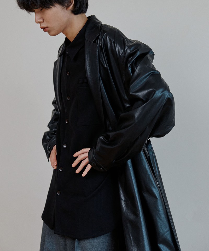 長版仿皮感大衣 unisex trench reather coat
