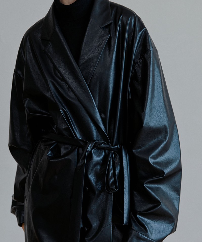 長版仿皮感大衣 unisex trench reather coat