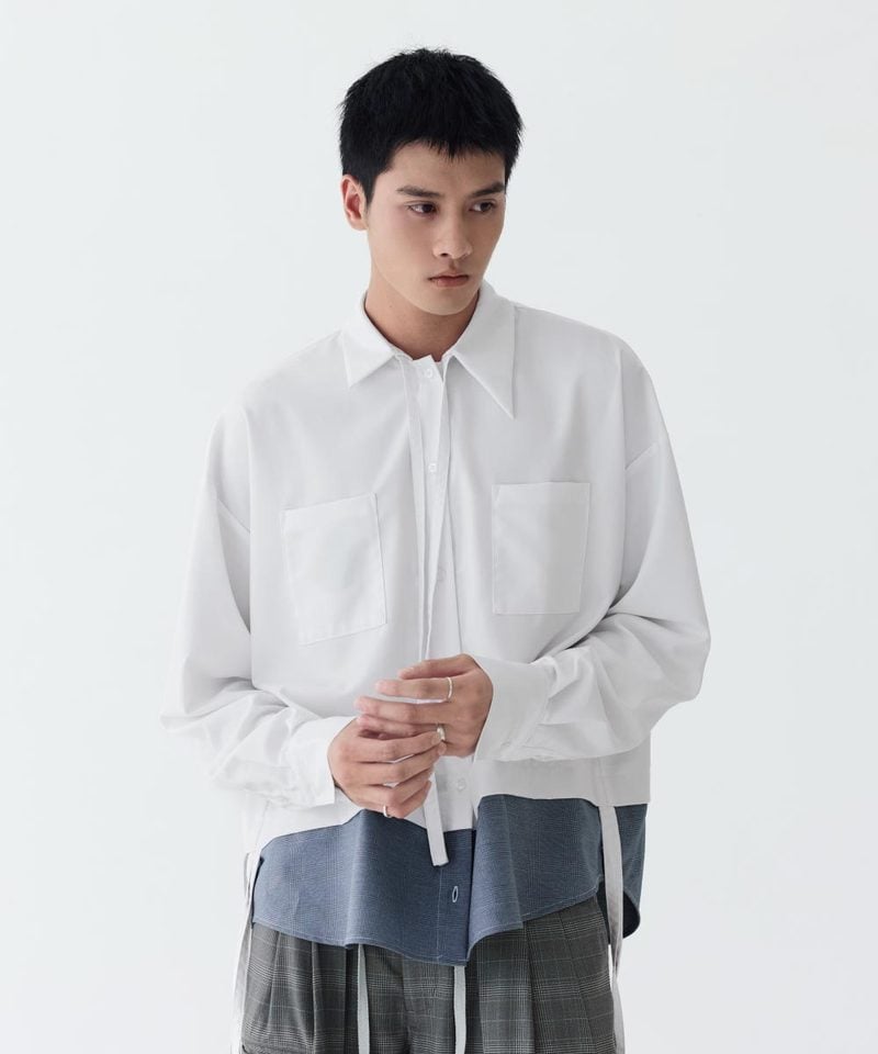 MSN0214-252 不對稱領襯衫 Loose Panel Tartan Shirt