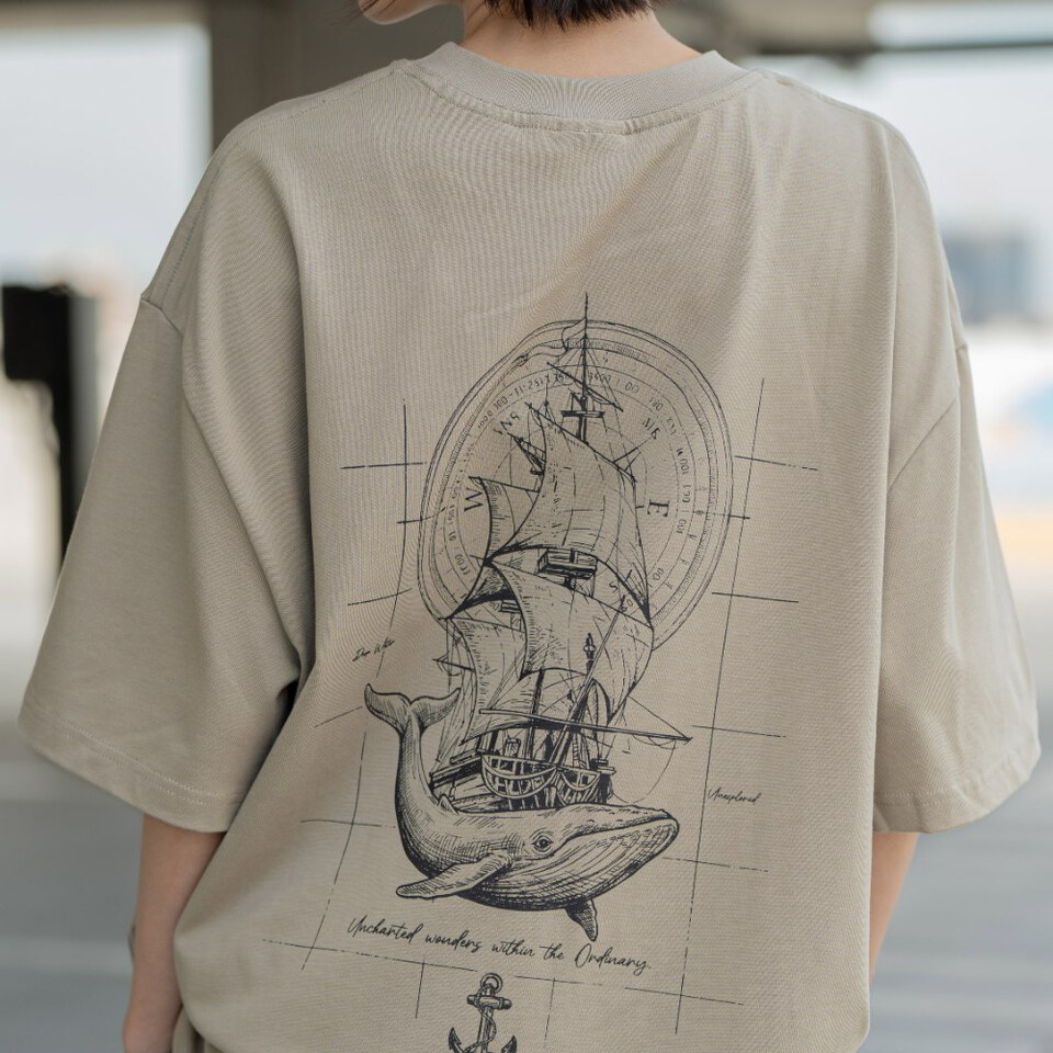 素描鯨魚航海圖短TEE