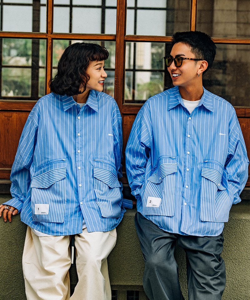 ORDINARY 口袋直紋拼接襯衫