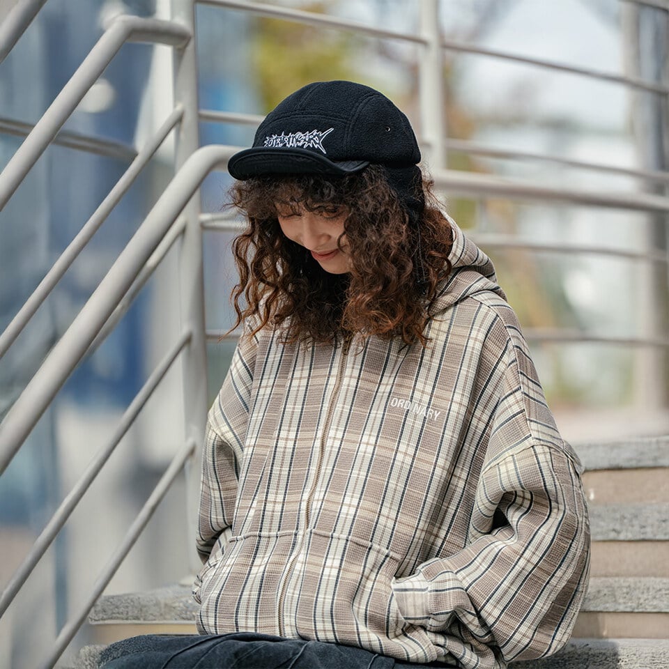 格紋水洗華夫格帽拉