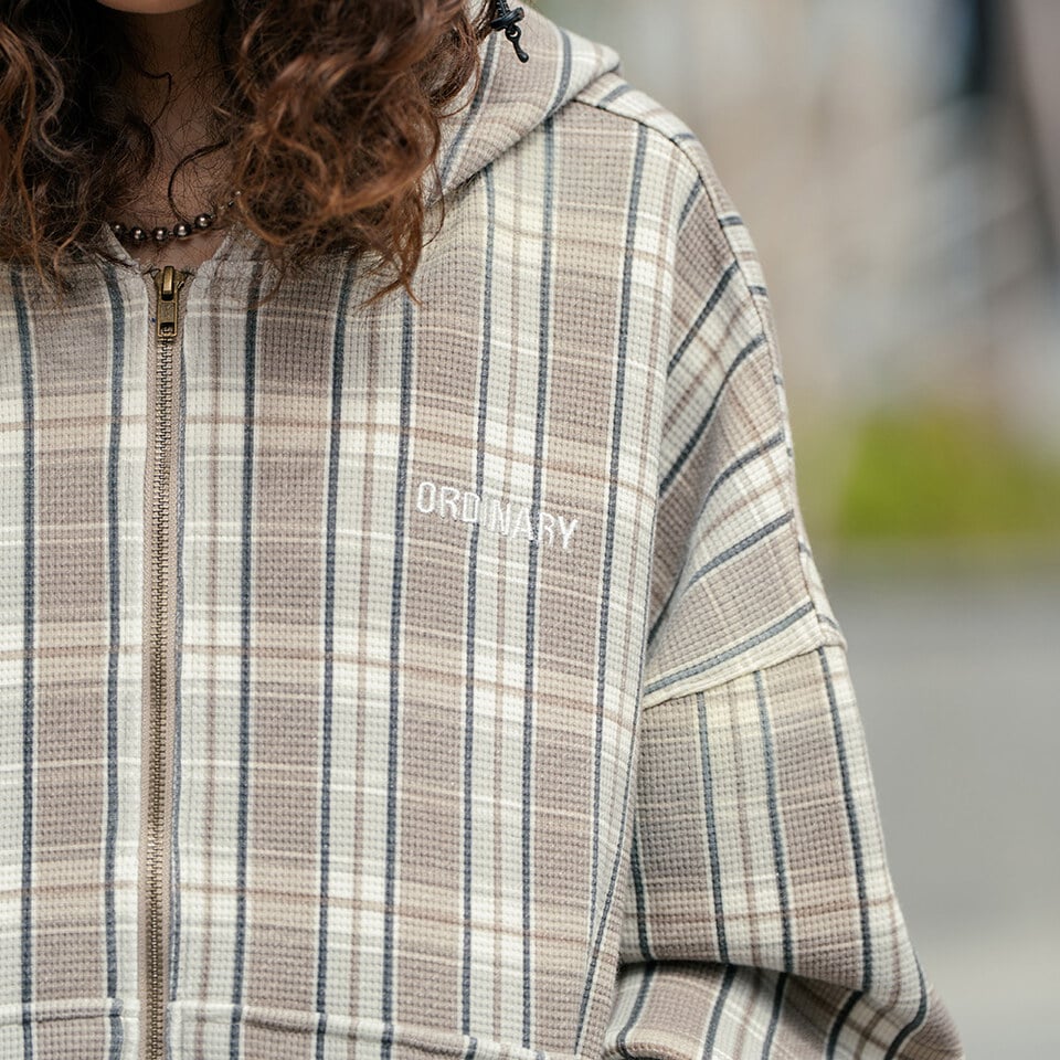 格紋水洗華夫格帽拉