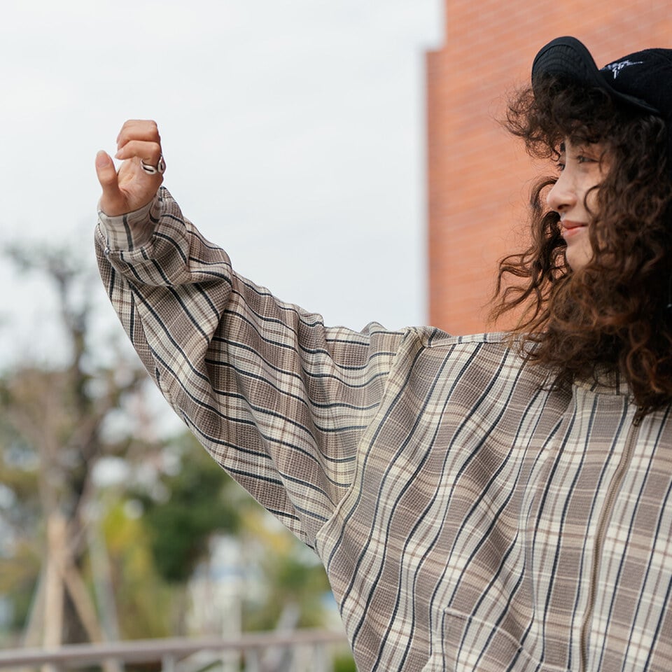 格紋水洗華夫格帽拉