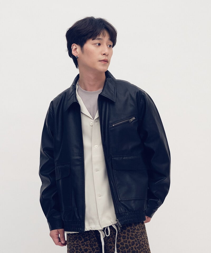 PLN1197-252 口袋拉鍊皮感外套