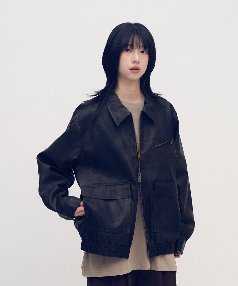 口袋拉鍊皮感外套