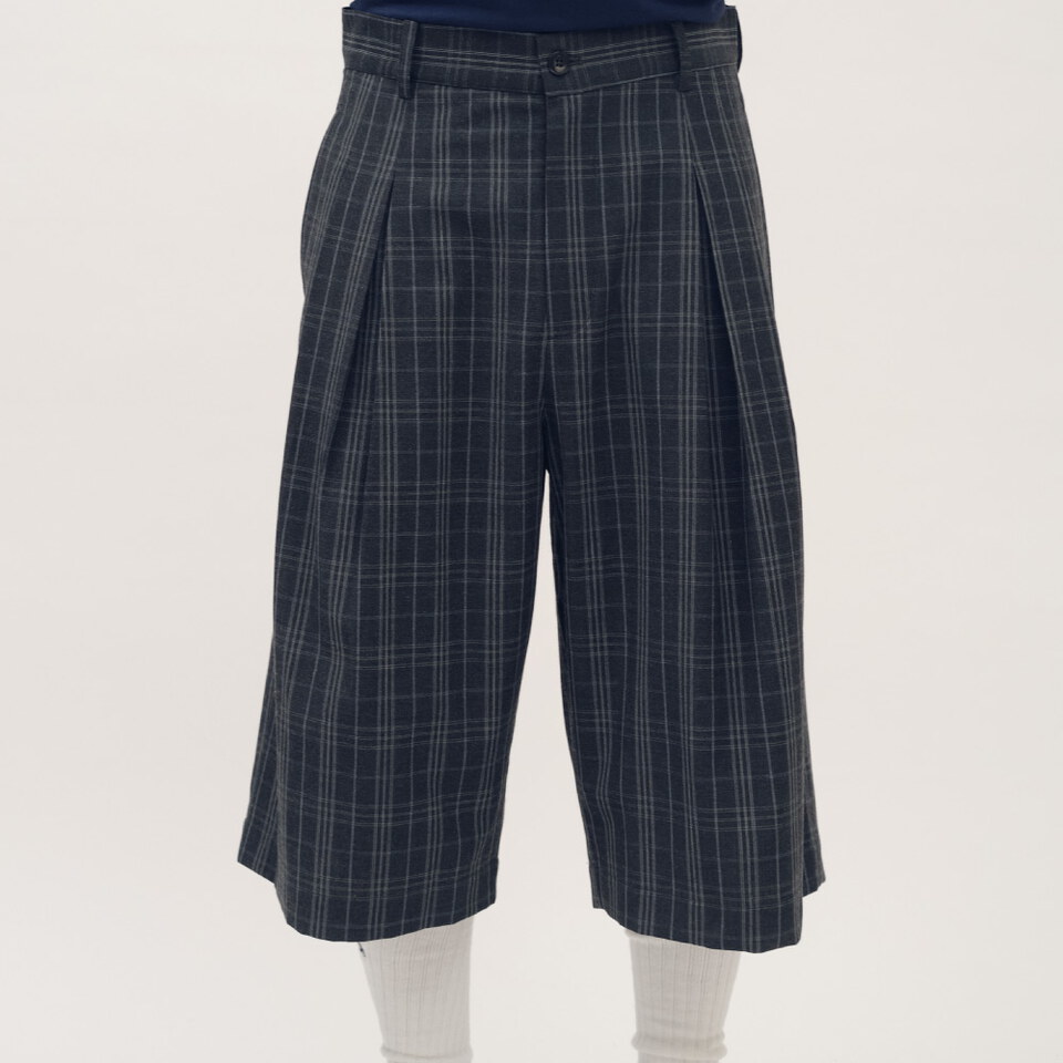 clip by clip 西料格紋打褶七分寬褲