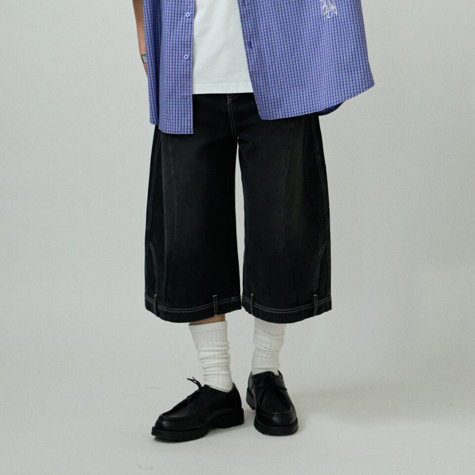 PLN1738-261 錯視拼接寬鬆牛仔短褲