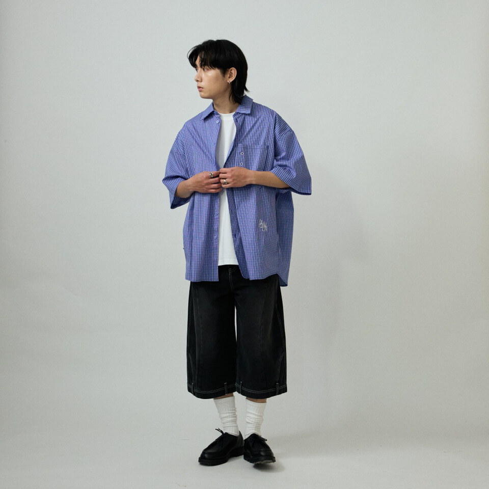 錯視拼接寬鬆牛仔短褲