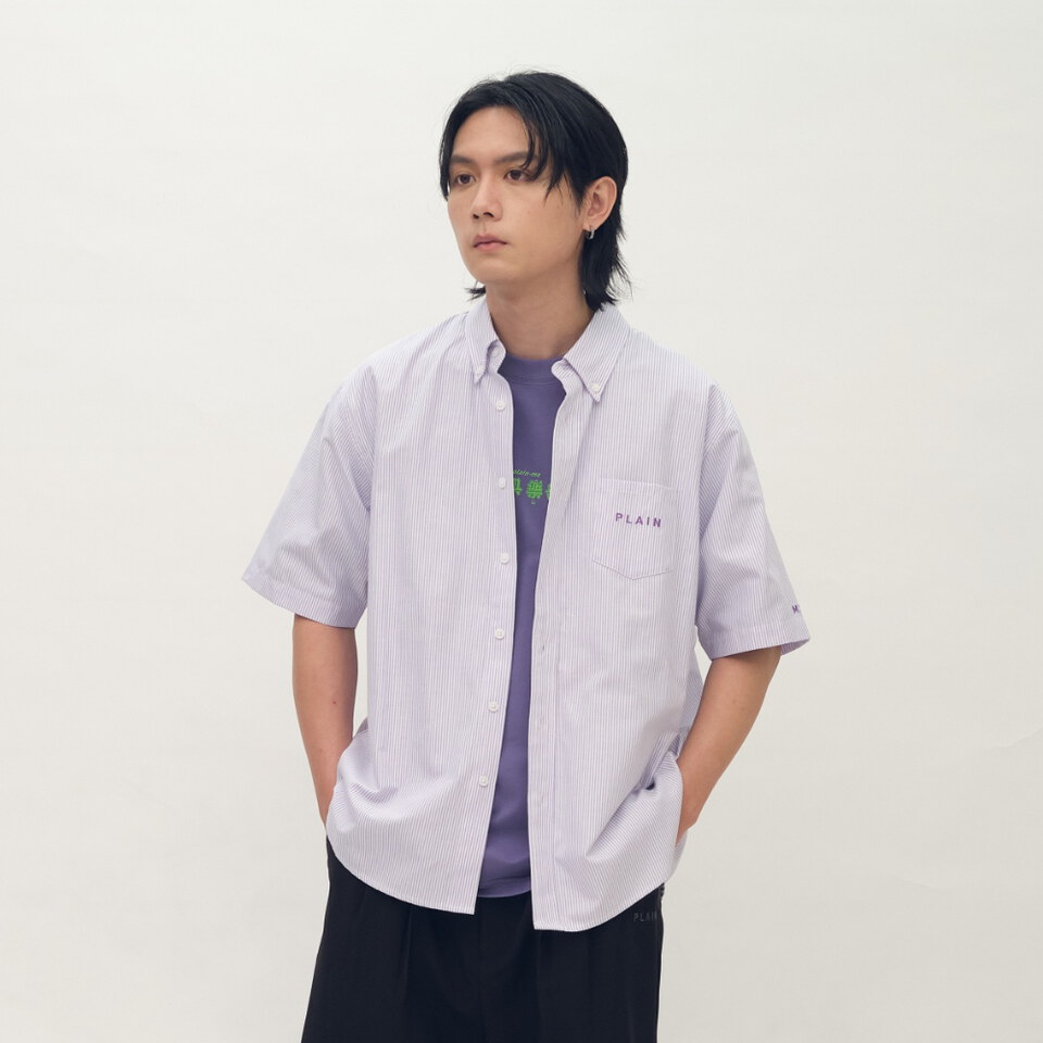PLAIN刺繡條紋口袋短袖襯衫