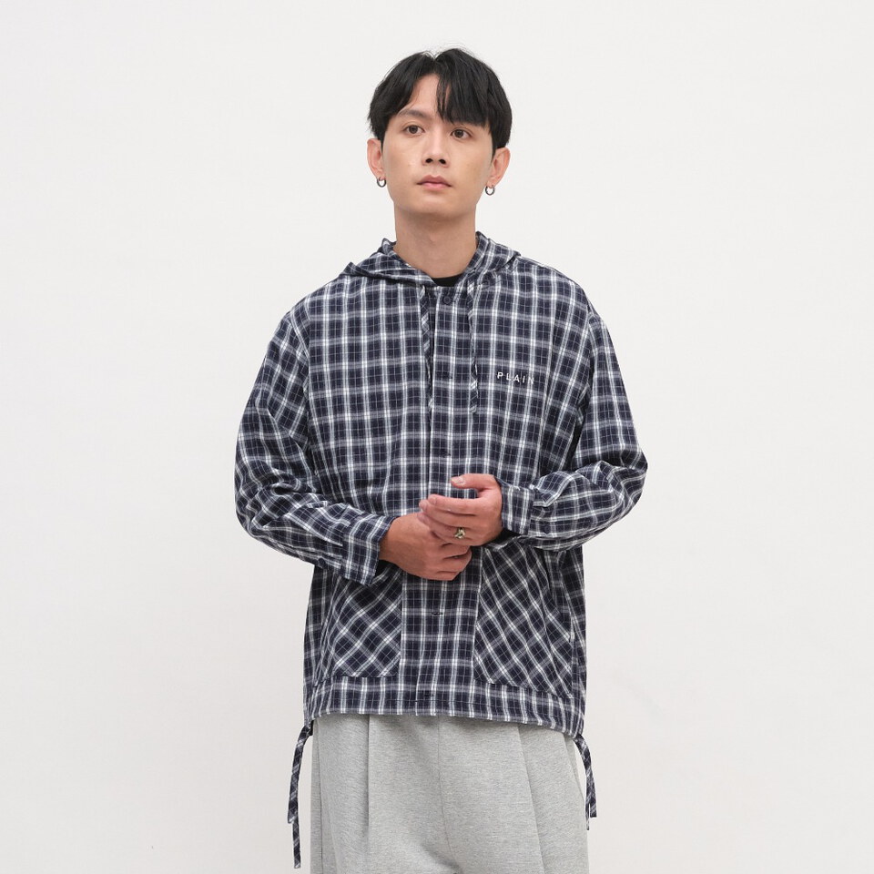 PLAIN連帽開襟格紋襯衫