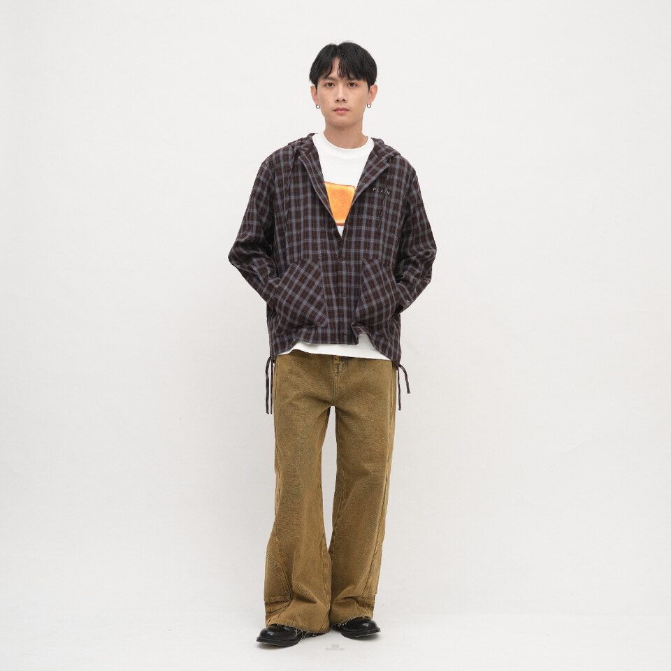 PLAIN連帽開襟格紋襯衫