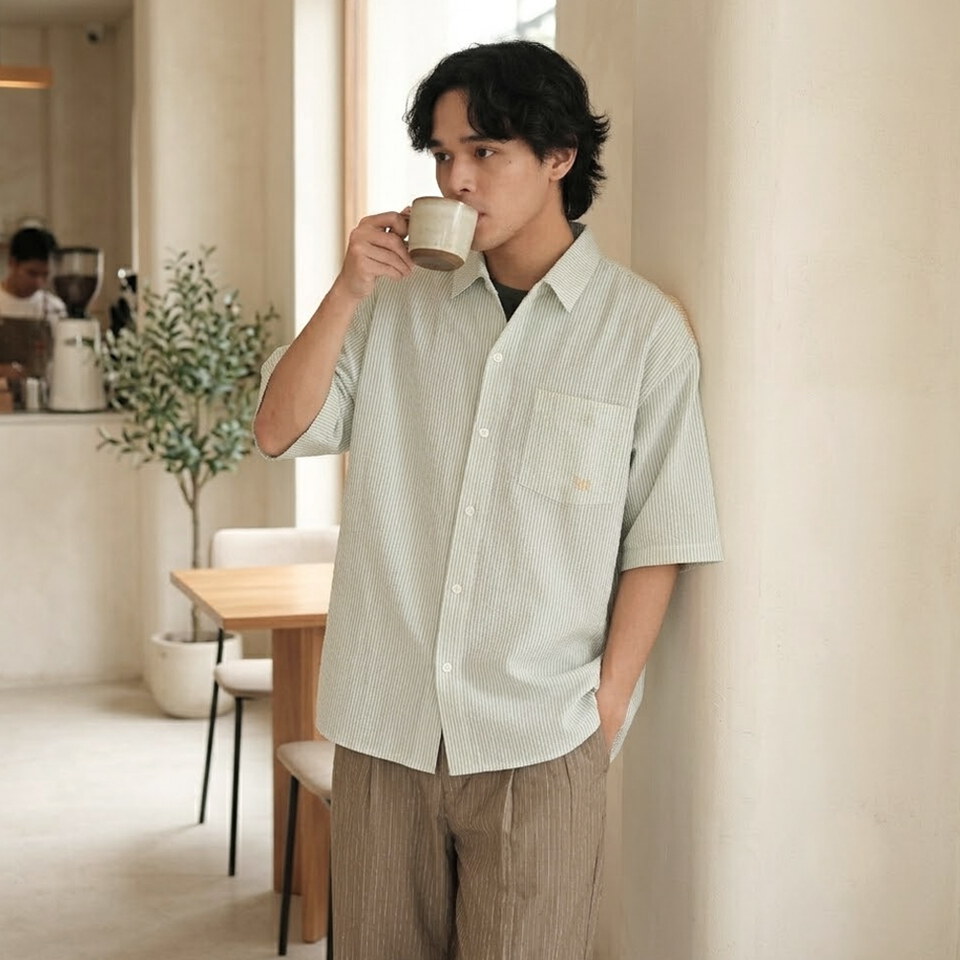泡泡紗拼接條紋襯衫