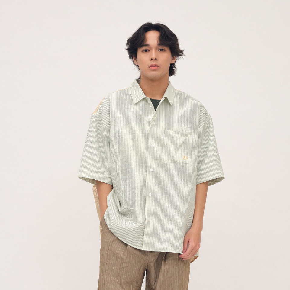 泡泡紗拼接條紋襯衫