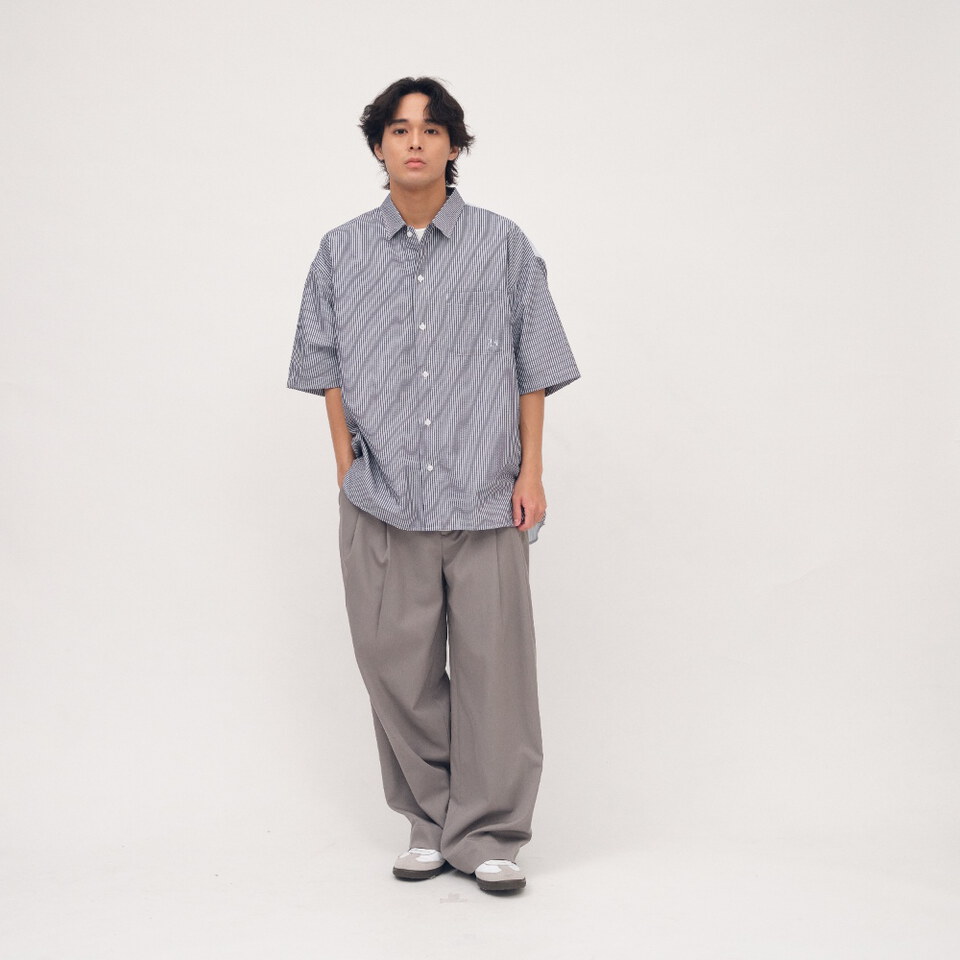泡泡紗拼接條紋襯衫